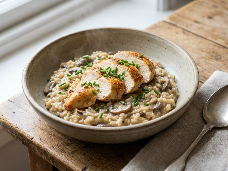 Mushroom risotto with roasted chicken breast