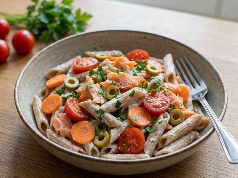 Whole wheat pasta with smoked salmon and yogurt sauce