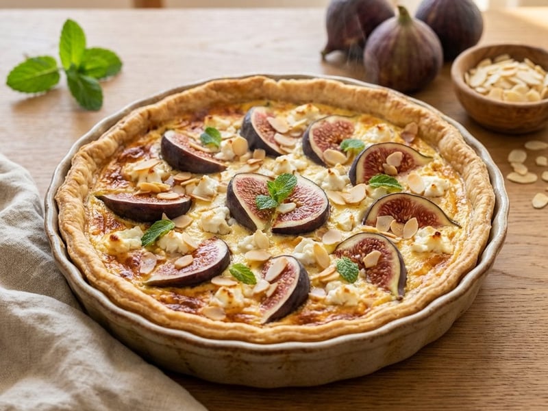 Kecskesajtos quiche fügével és mandulával