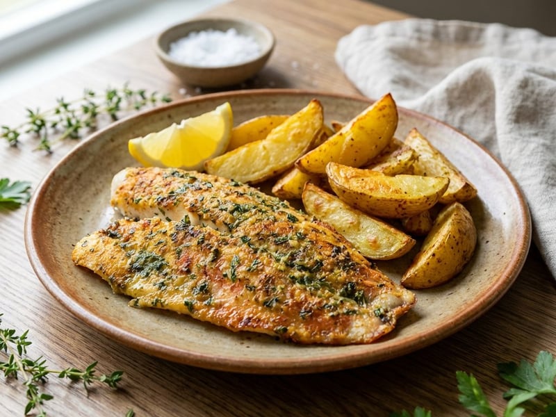 Herb-crusted baked red snapper with roasted potatoes