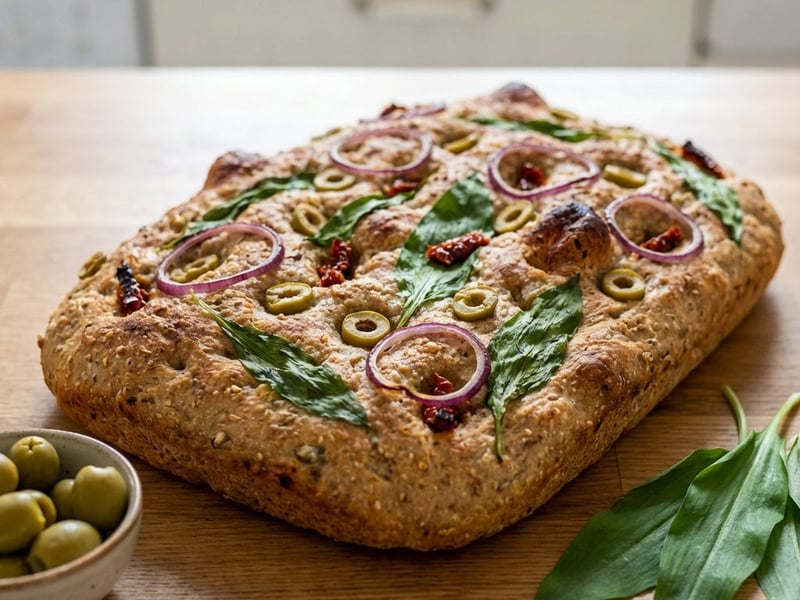 Teljes kiőrlésű focaccia medvehagymával