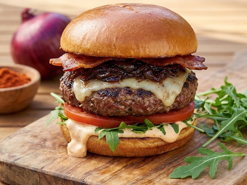 Grilled hamburger with caramelized onion and smoked mayonnaise