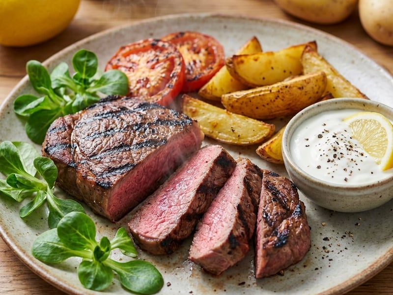Grillezett rump steak sült burgonyával és joghurtos mártogatóssal