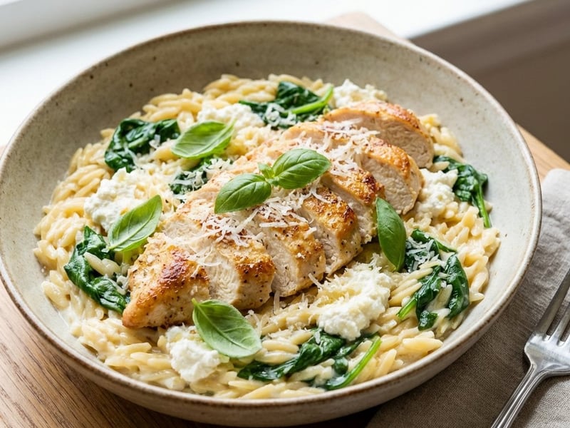 Ricottás orzo csirkével és spenóttal