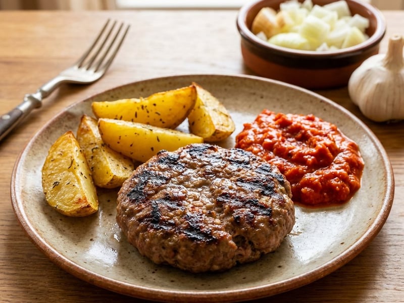 Pljeskavica with Ajvar and Roasted Potatoes