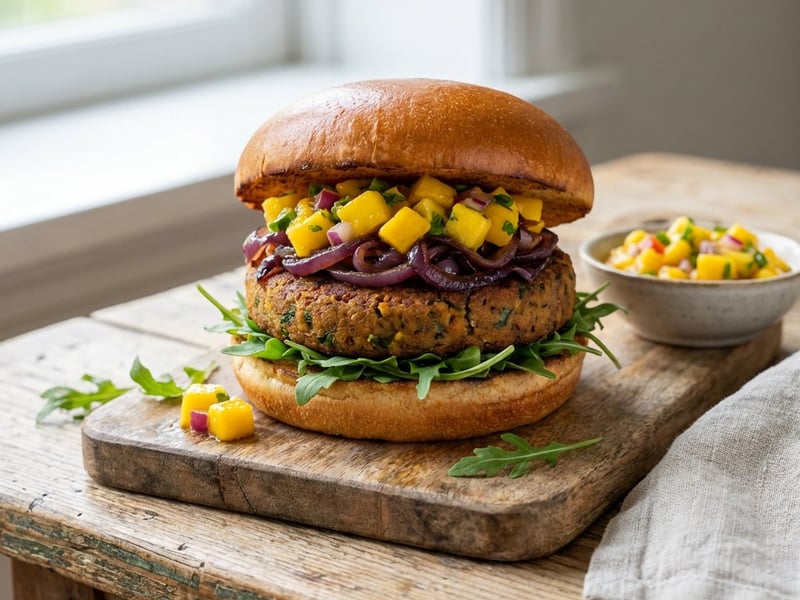 Vegán burger mangó salsával és karamellizált hagymával