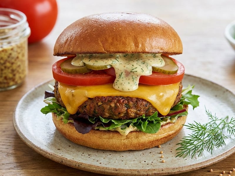 Vegán burger kapor-mustár öntettel