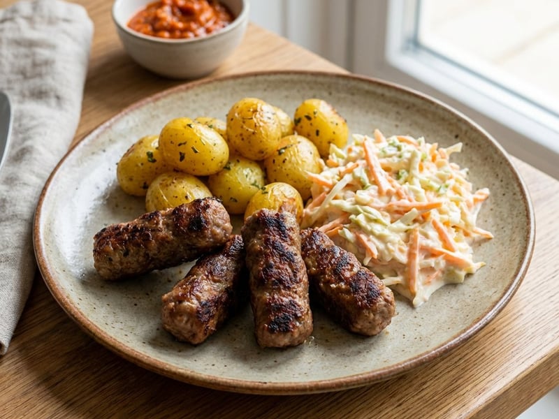 Csevapcsicsa sült burgonyával és Coleslaw salátával