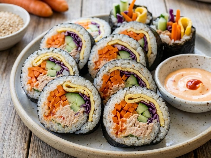 Kimbap tonhallal és zöldségekkel