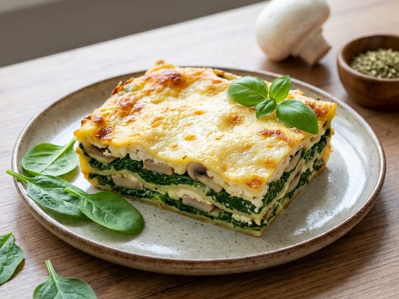 Gombás-spenótos lasagne cottage cheese-szel