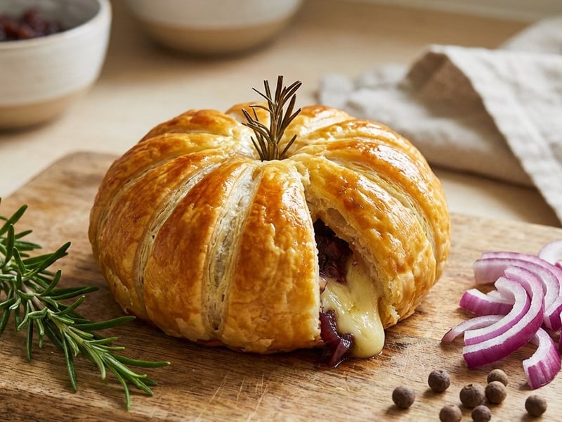 Puff pastry pumpkins filled with camembert and onion chutney