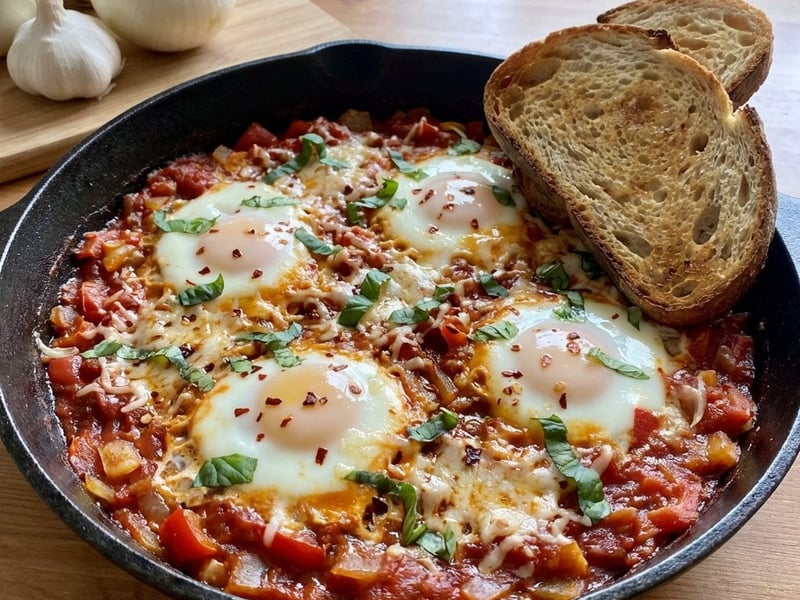 Serpenyős paradicsomos tojás parmezánnal és bazsalikommal