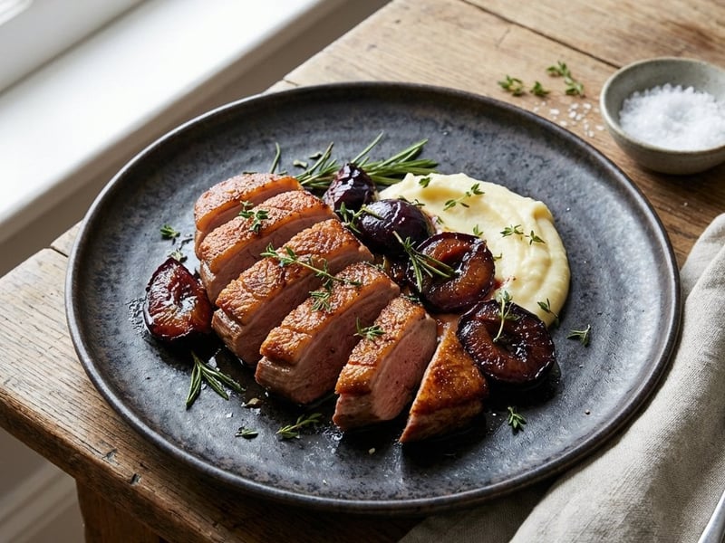 Duck Breast, Flambéed Greengage Plums, Smoked Potato Purée