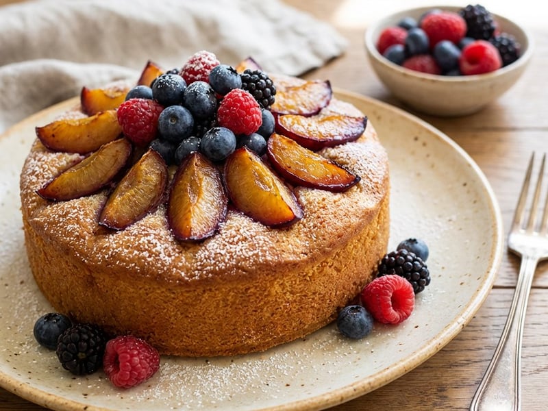Plum friand cake with forest fruits