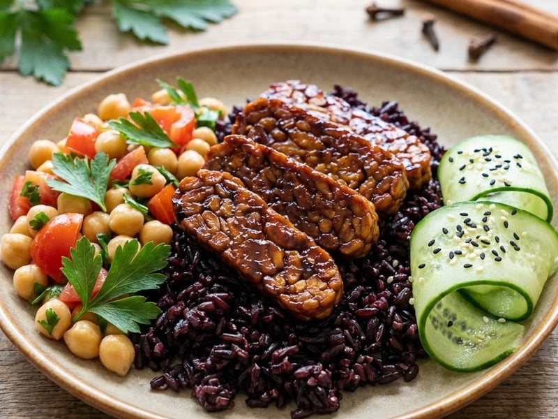 Karamellizált tempeh fekete rizzsel és csicseriborsóval