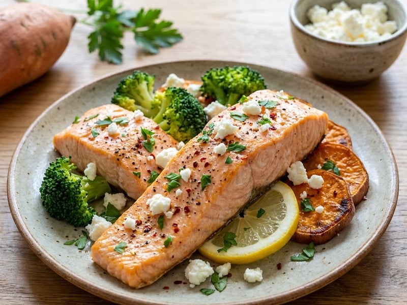Salmon with sweet potato and broccoli