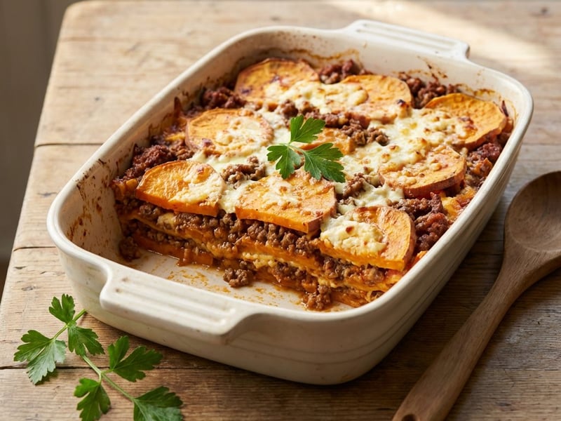 Sweet potato lasagna with minced meat and cottage cheese