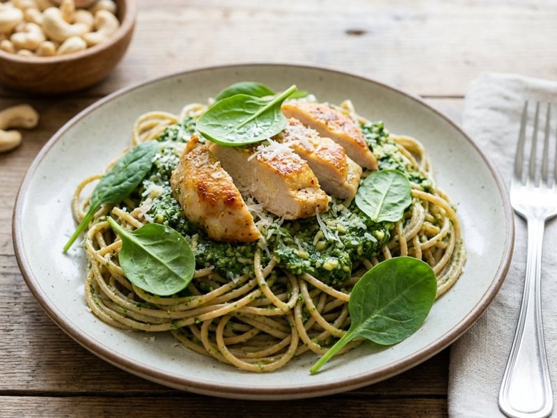 Spagetti spenótos pestóval és sült csirkemellel