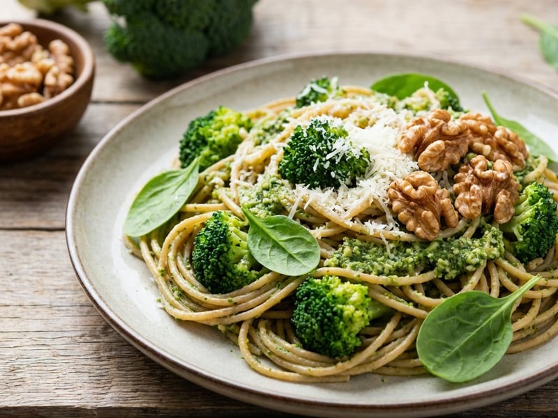 Whole wheat spaghetti with broccoli pesto and walnuts