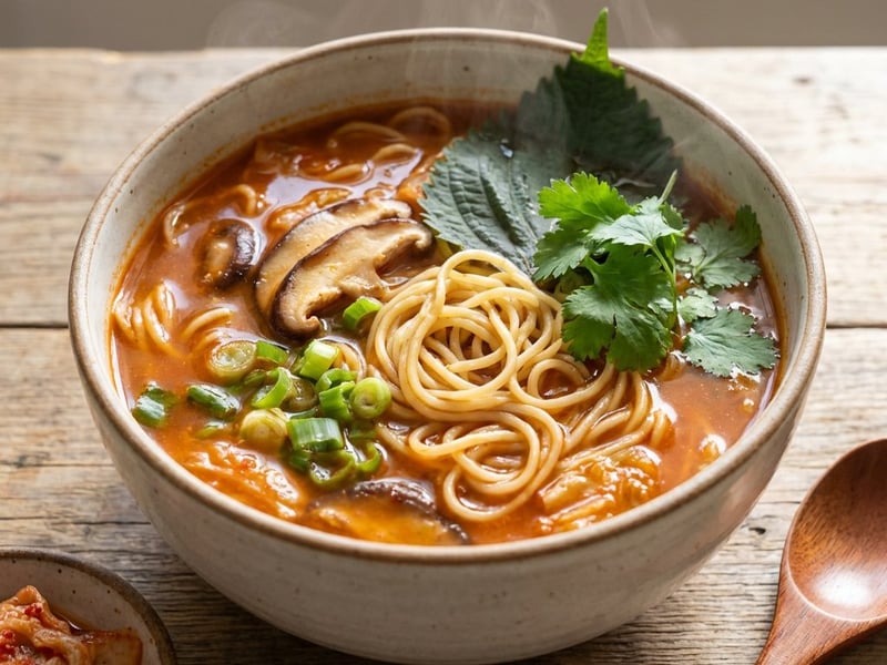Pikáns Kimchi leves Mie tésztával és gombával