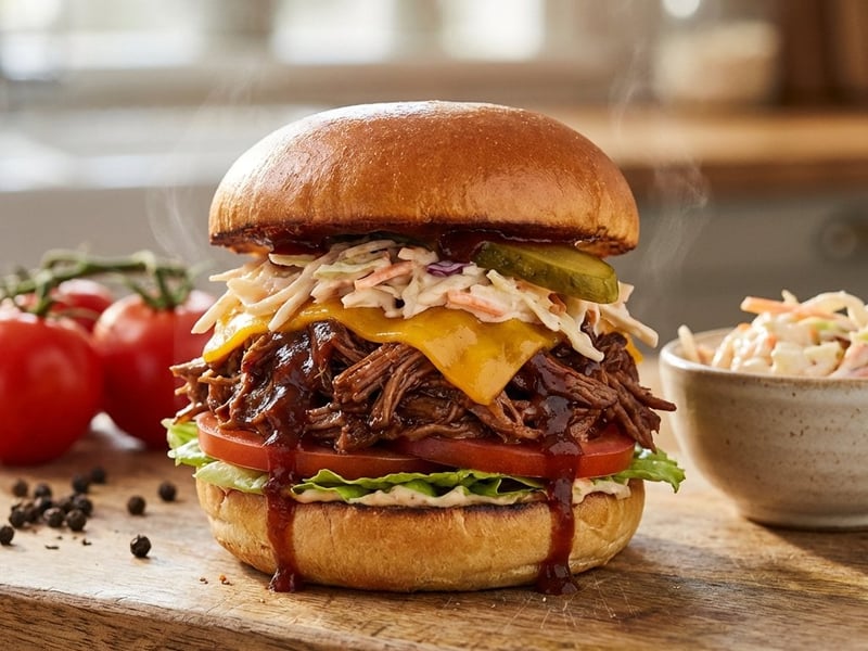 Tépett marhahúsos burger coleslaw salátával