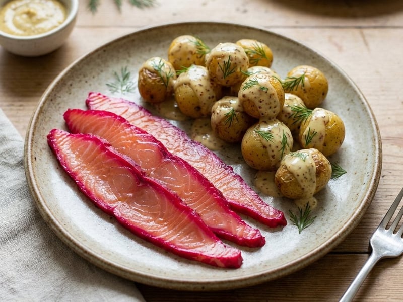 Gravad lax - Céklával pácolt lazac krémes burgonyával