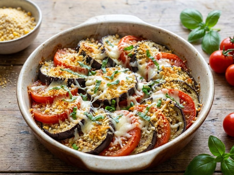 Sült padlizsán paradicsommal és parmezános morzsával