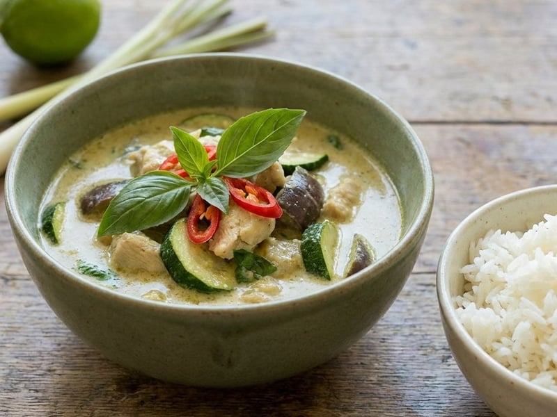 Zöld curry csirkével és zöldségekkel