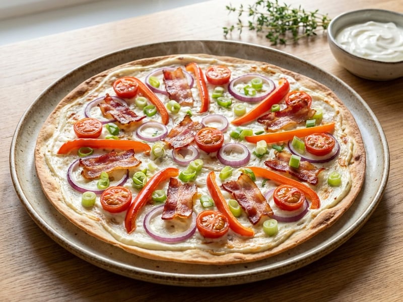 Flammkuchen – Ropogós lepény szalonnával és zöldségekkel
