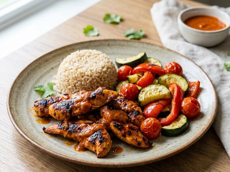 Piri Piri csirke sült zöldségekkel és barna rizzsel