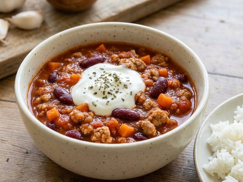 Pulyka chili vörösbabbal és rizzsel