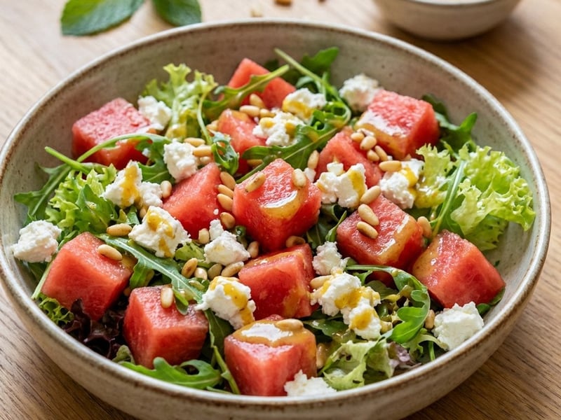 Görögdinnye saláta feta sajttal és fenyőmaggal