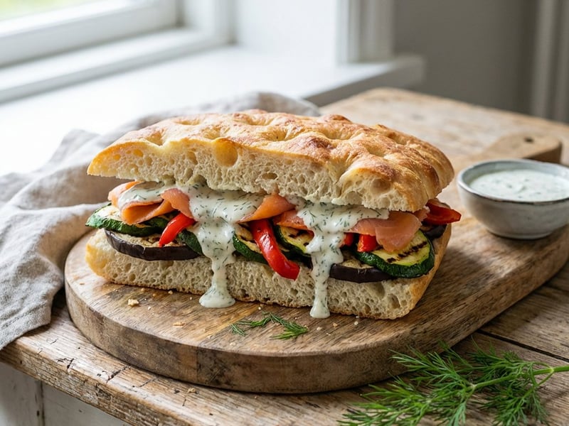 Focaccia grillezett zöldségekkel, füstölt lazaccal és kapros remuláddal