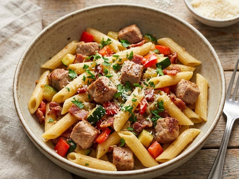 Penne sertéshússal és zöldségekkel