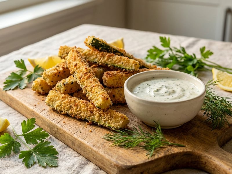 Cukkinisült hasábok zöldfűszeres mártogatóssal | Ropogós snack
