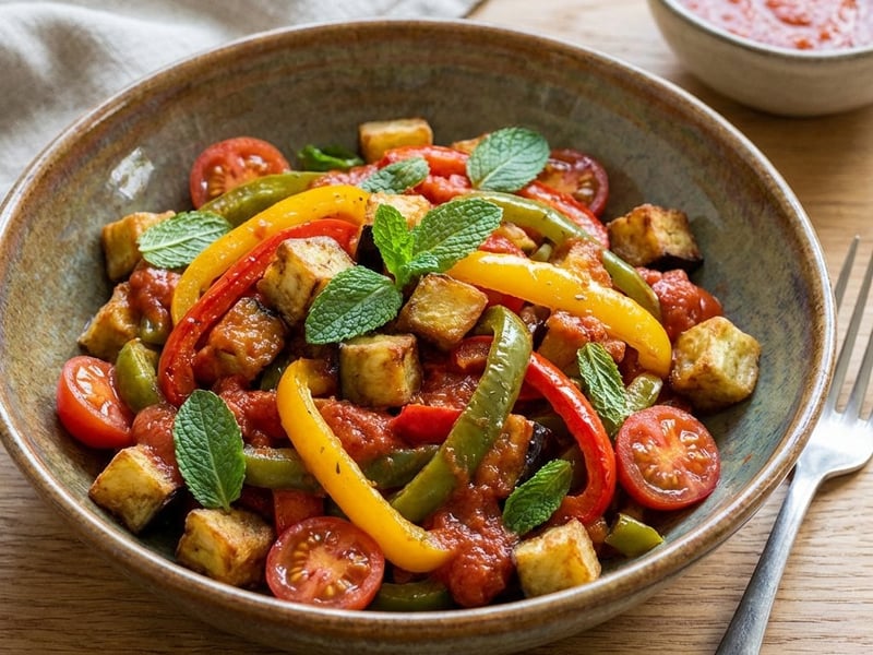 Mediterranean salad with roasted peppers and eggplant