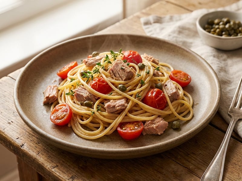 Tonhalas spagetti koktélparadicsommal és kapribogyóval