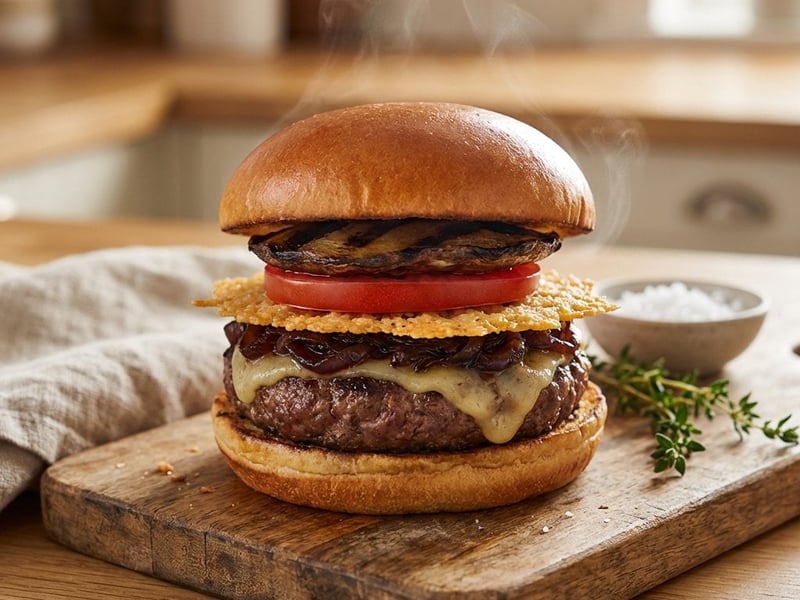 Szaftos marhaburger karamellizált hagymával és parmezán chipsszel