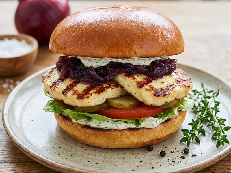 Halloumi burger lila hagyma chutney-val
