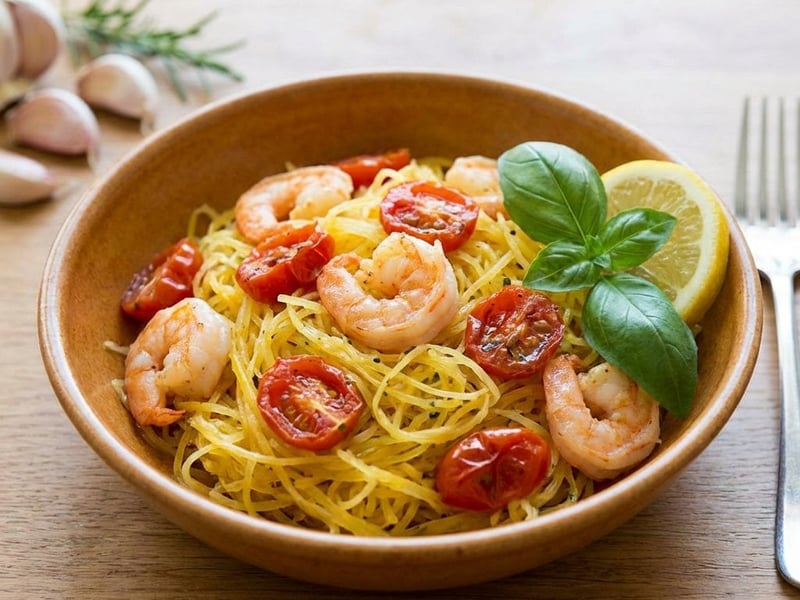 Spagetti tök garnélával és cherry paradicsommal