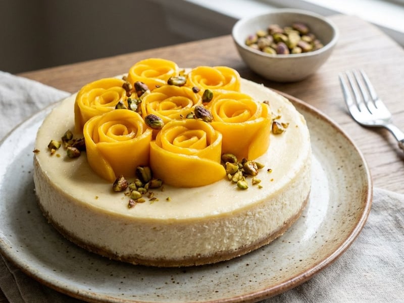 Kókuszos cheesecake mangóval és karamellizált pisztáciával