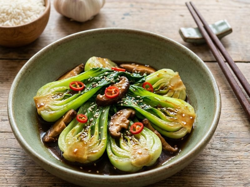 Pirított pak choi shiitake gombával