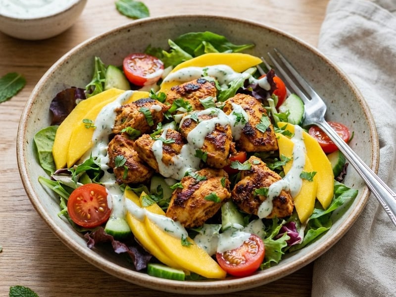 Tandoori csirkesaláta mangóval és mentás joghurttal