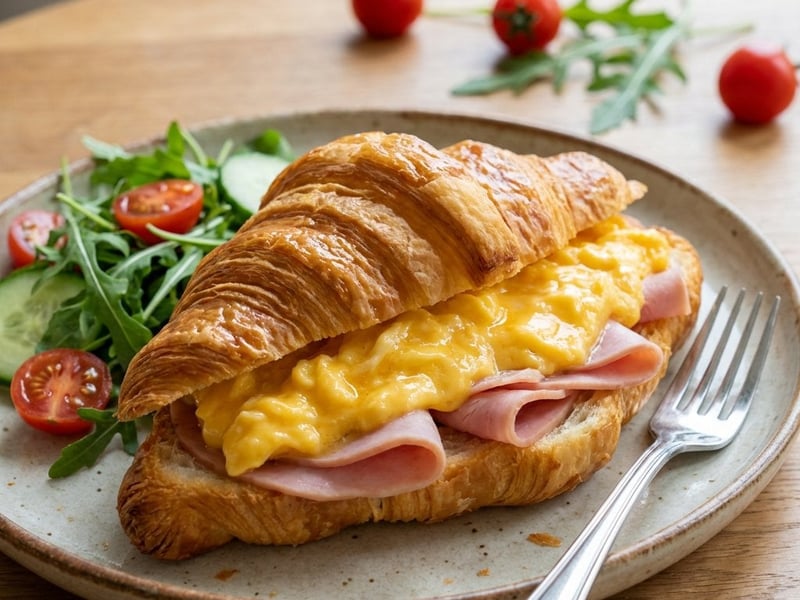 Krémes rántottával és sonkával töltött croissant