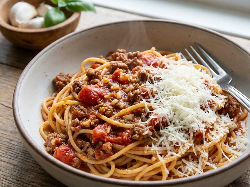 Egytálételes spagetti paradicsomszósszal és darált hússal