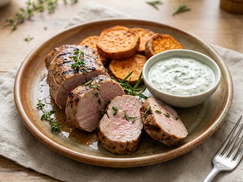 Grillezett szűzpecsenye édesburgonyával és mártogatóssal