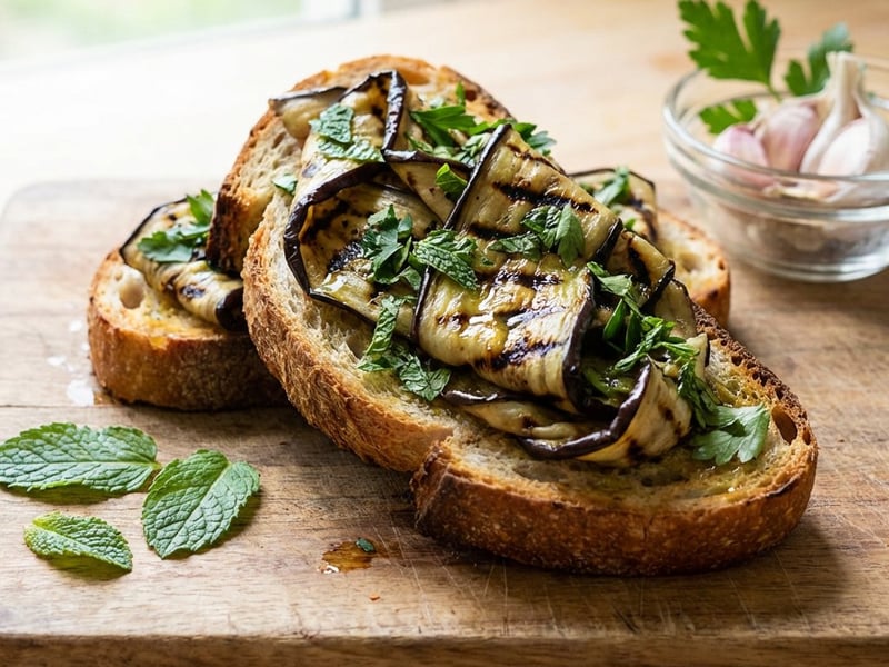 Padlizsános bruschetta friss fűszernövényekkel