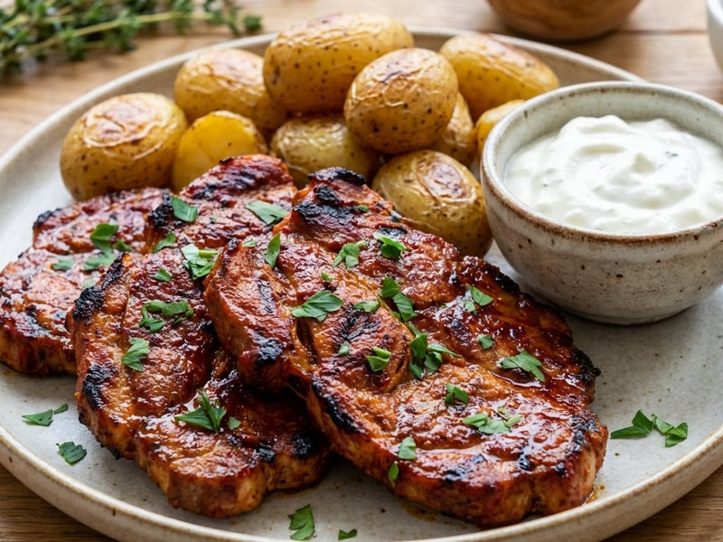 Grillezett tarja sült burgonyával és fokhagymás mártogatóssal