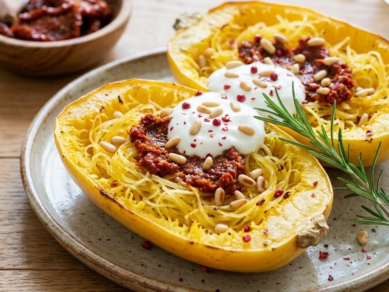 Spagetti tök crème fraîche-sel és aszalt paradicsomos pestóval