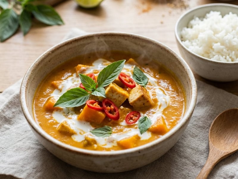 Sütőtökös vegetáriánus curry füstölt tofuval